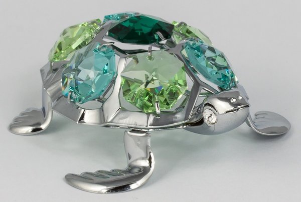 Deko Figur Schildkröte Turtle silberfarben mit Kristall Glas Octagons grün