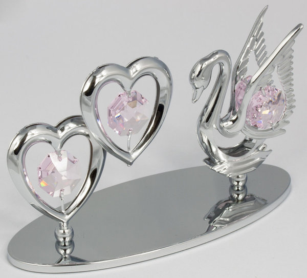 Deko Figur Schwan mit 2 Herzen silberfarben mit Kristall Glas Octagons rosaline