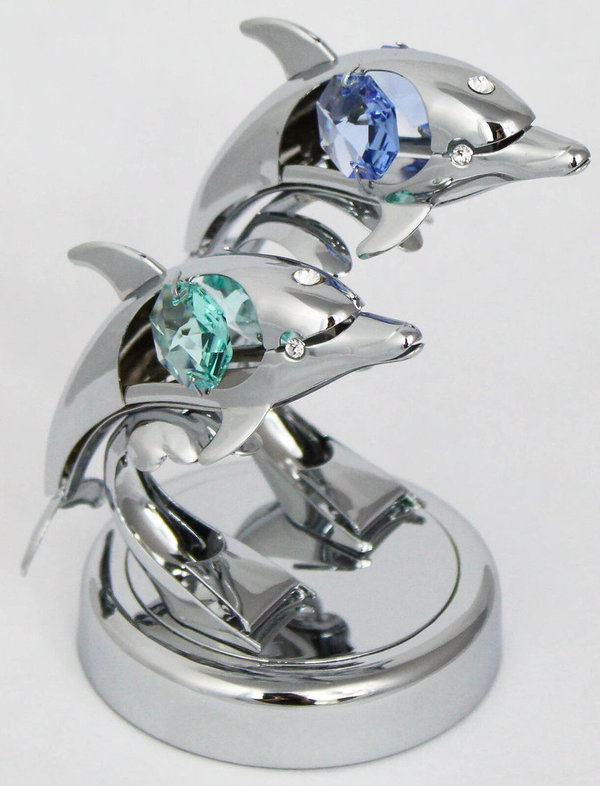 Deko Figur Delfin Duo silberfarben mit Kristall Glas Octagons