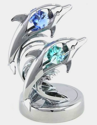Deko Figur Delfin Duo silberfarben mit Kristall Glas Octagons