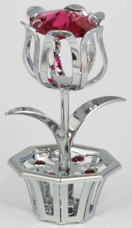 kleine Deko Figur Rose im Topf silberfarben mit Kristall Glas Octagons bordeaux rot