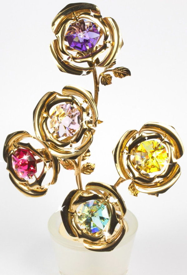 Deko Blume 5 Blüten im Topf 24k gold plated mit Kristall Glas Octagons