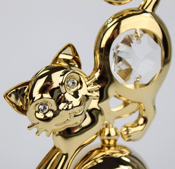 Deko Figur Paperweight Katze 24K Gold plated mit Kristall Glas Octagon klar
