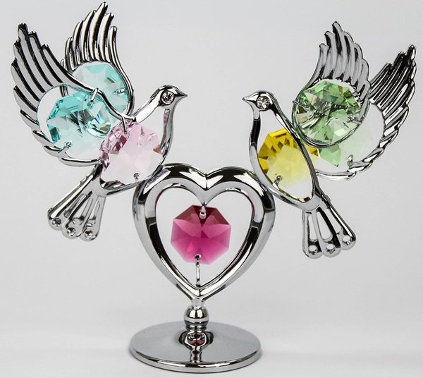 Deko Figur 2 Tauben mit Herz silberfarben mit Kristall Glas Octagons