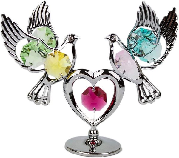 Deko Figur 2 Tauben mit Herz silberfarben mit Kristall Glas Octagons