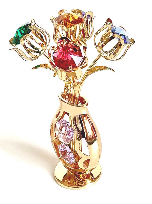 Deko Blume 5 Rosen in Vase 24K gold plated mit Kristall Glas Octagons