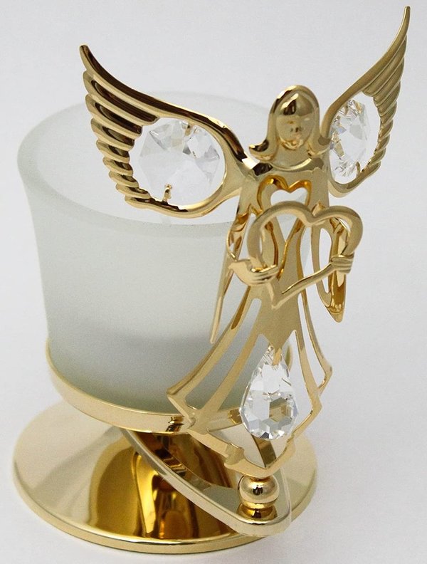Deko Teelichthalter Engel mit Herz 24K Gold plated mit Kristall Glas Octagons